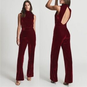 REISS Diane Velvet Open Back Sleeveless High Neck Jumpsuit Red Sz US 10 NEW